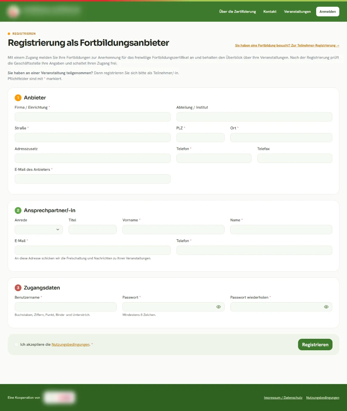 Screenshot: Registrierung als Fortbildungsanbieter