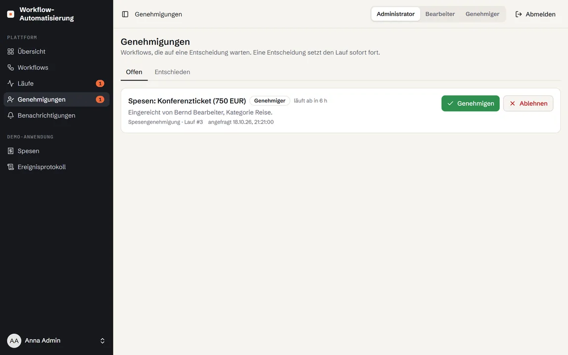 Screenshot: Offene Genehmigung mit Schaltflächen zum Genehmigen oder Ablehnen